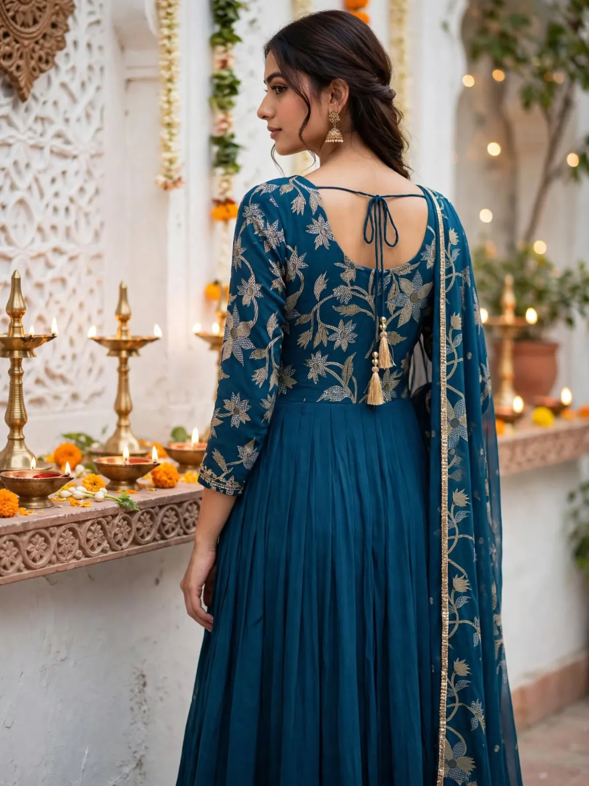 Teal Blue Pure Chinon Gold Floral Anarkali Suit Set with Dupatta - image 3