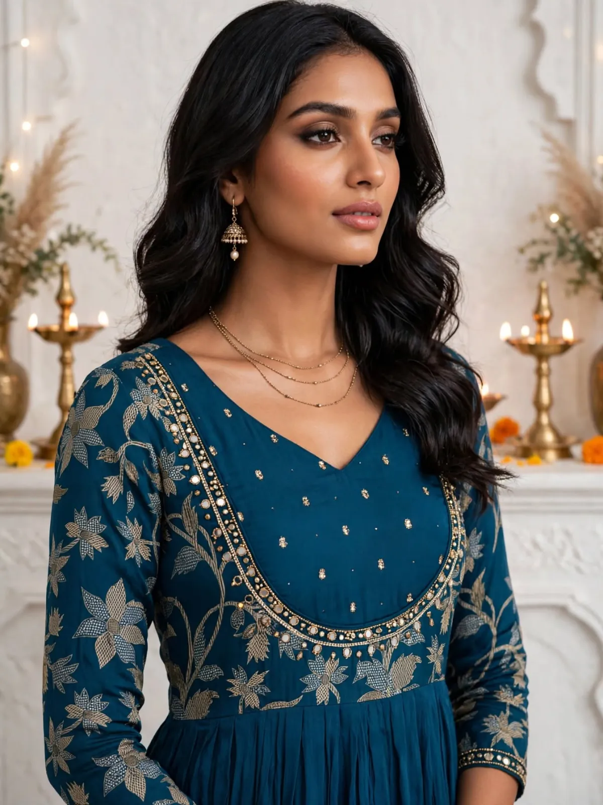Teal Blue Pure Chinon Gold Floral Anarkali Suit Set with Dupatta - image 2