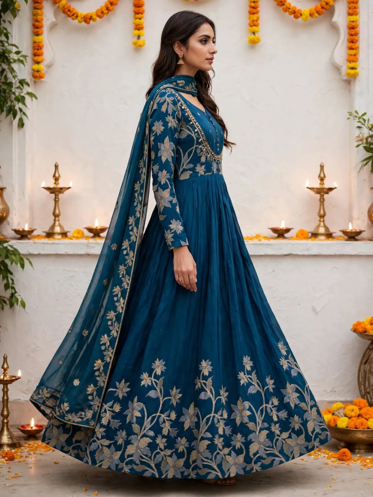 Teal Blue Pure Chinon Gold Floral Anarkali Suit Set with Dupatta - image 4