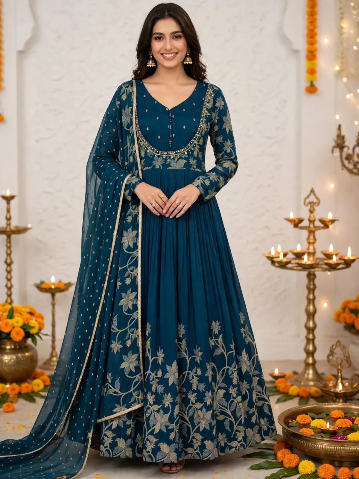 Teal Blue Pure Chinon Gold Floral Anarkali Suit Set with Dupatta - image 1