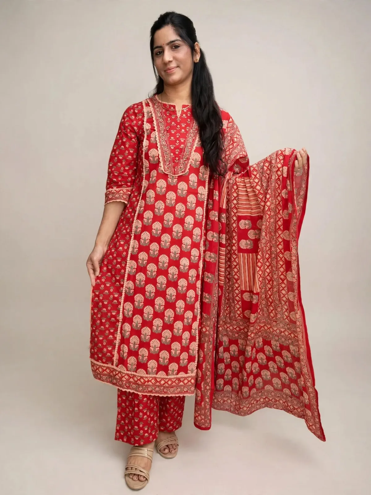 Elegant Red Cotton Straight Kurti Set with Lace & Embroidery - image 2