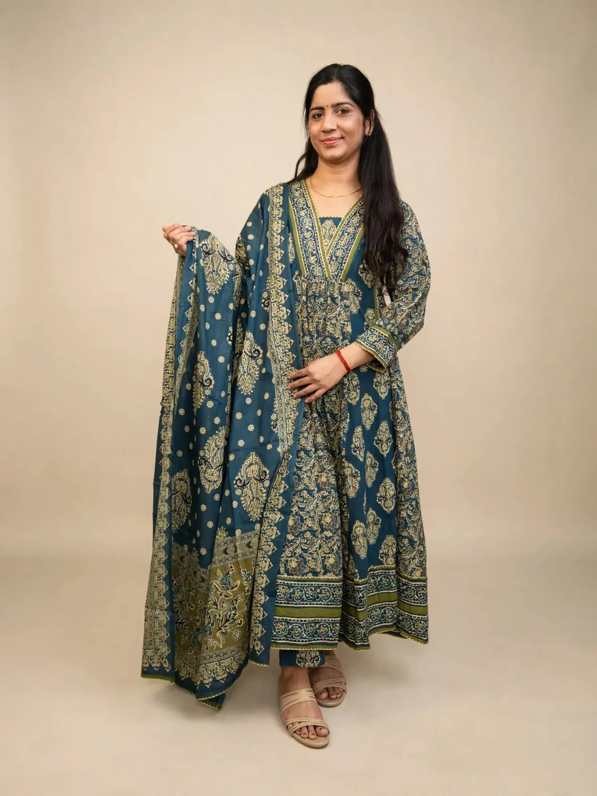 Elegant Dark Teal Cotton Anarkali Kurti Set with Dupatta - image 3