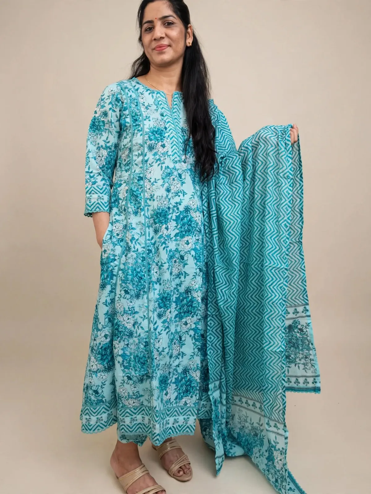 Ocean Mist Cotton A-Line Kurti Set with Dupatta - image 2