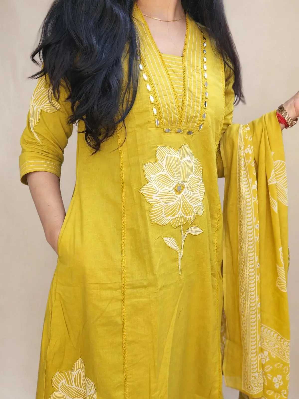 Mustard Cotton Straight Kurti Set with Applique & Mirror Work - image 2