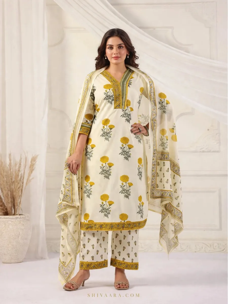 Sunshine Marigold Cotton Kurta Set with Embroidered Yoke