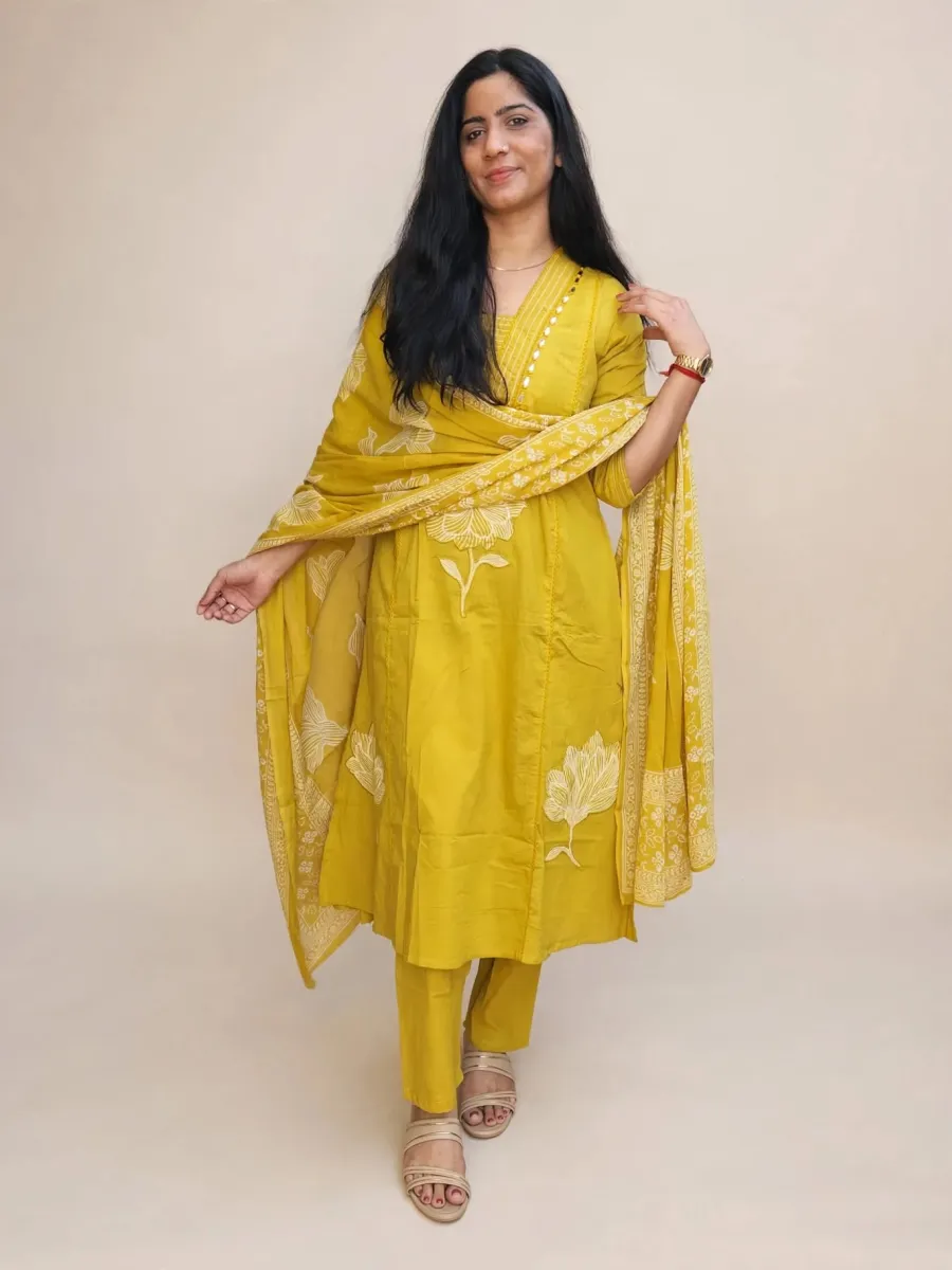 Mustard Cotton Straight Kurti Set with Applique & Mirror Work
