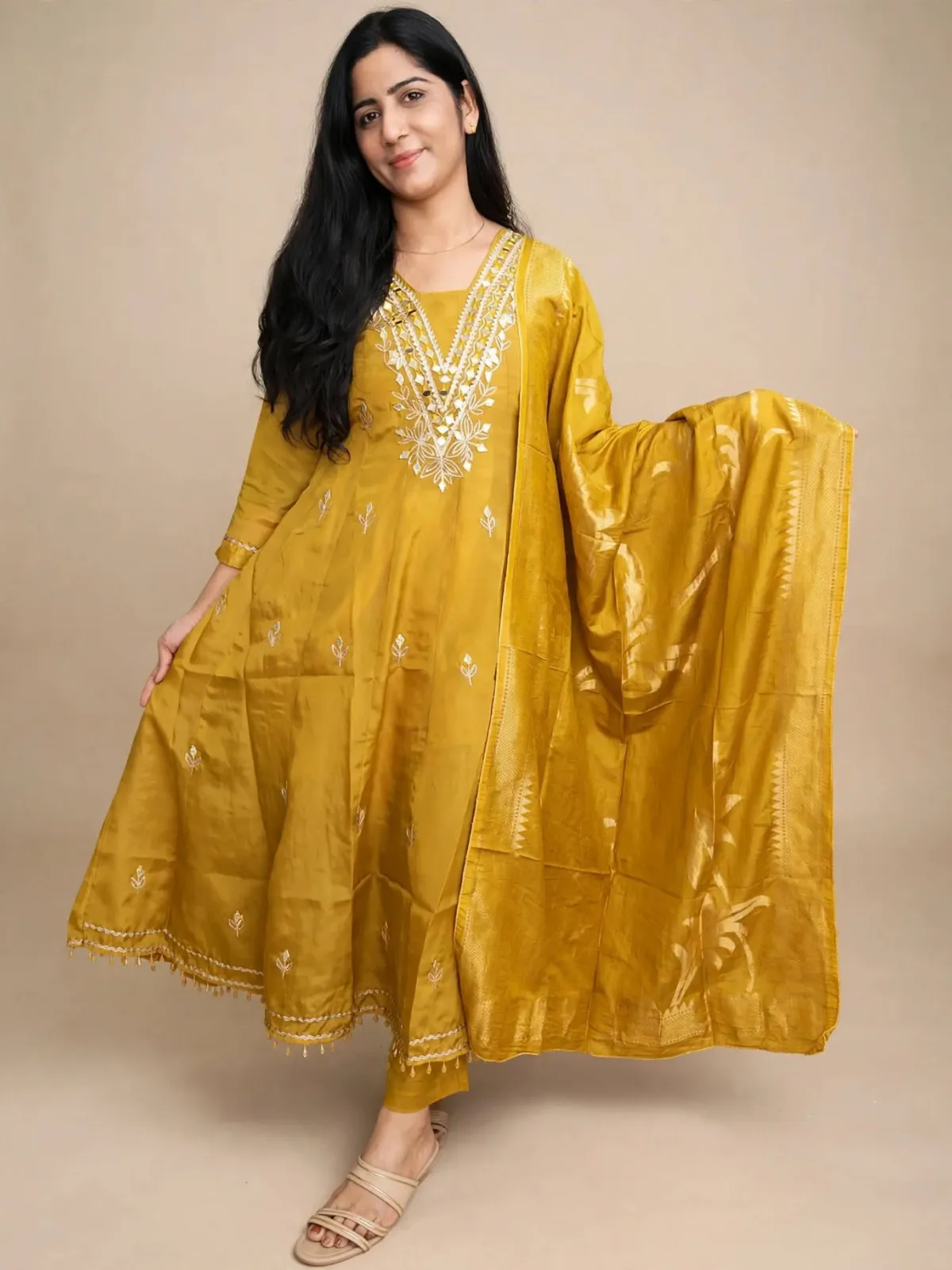 Elegant Mustard Yellow Tissue Silk Kurti Set with Embroidery - image 2