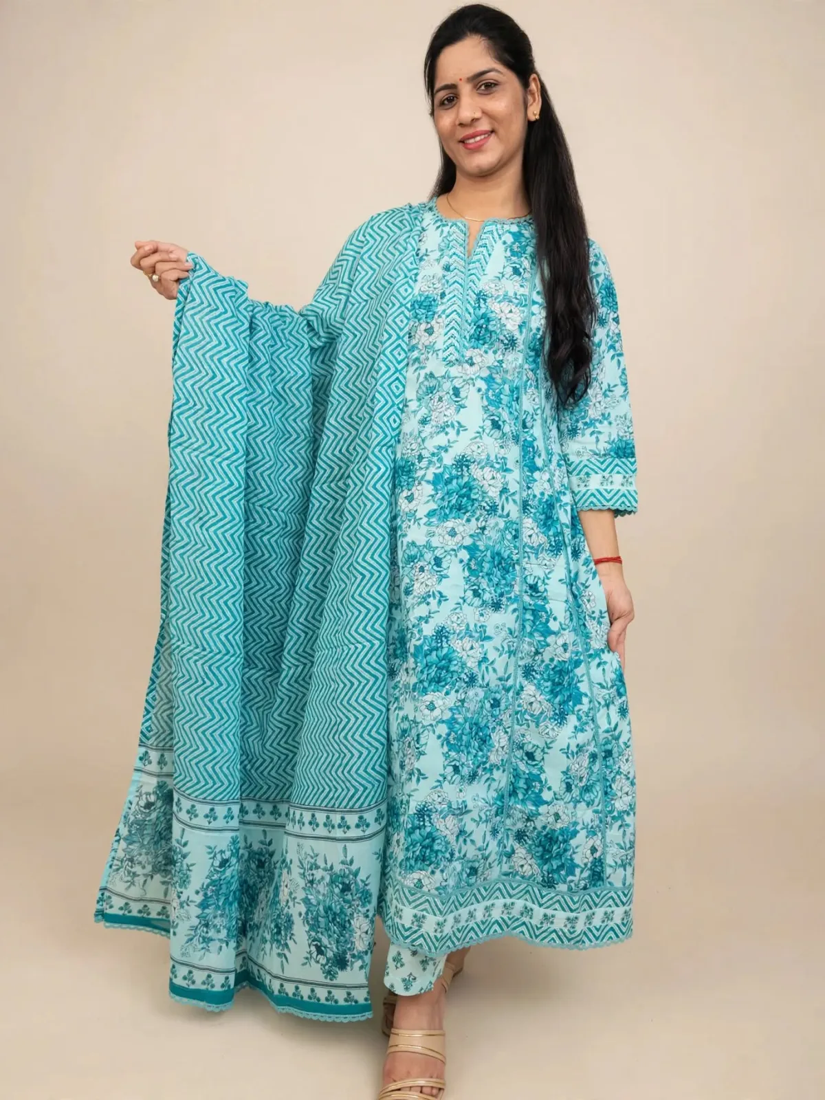 Ocean Mist Cotton A-Line Kurti Set with Dupatta - image 1