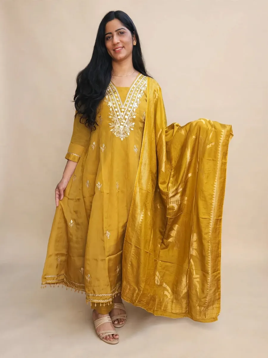 Elegant Mustard Yellow Tissue Silk Kurti Set with Embroidery