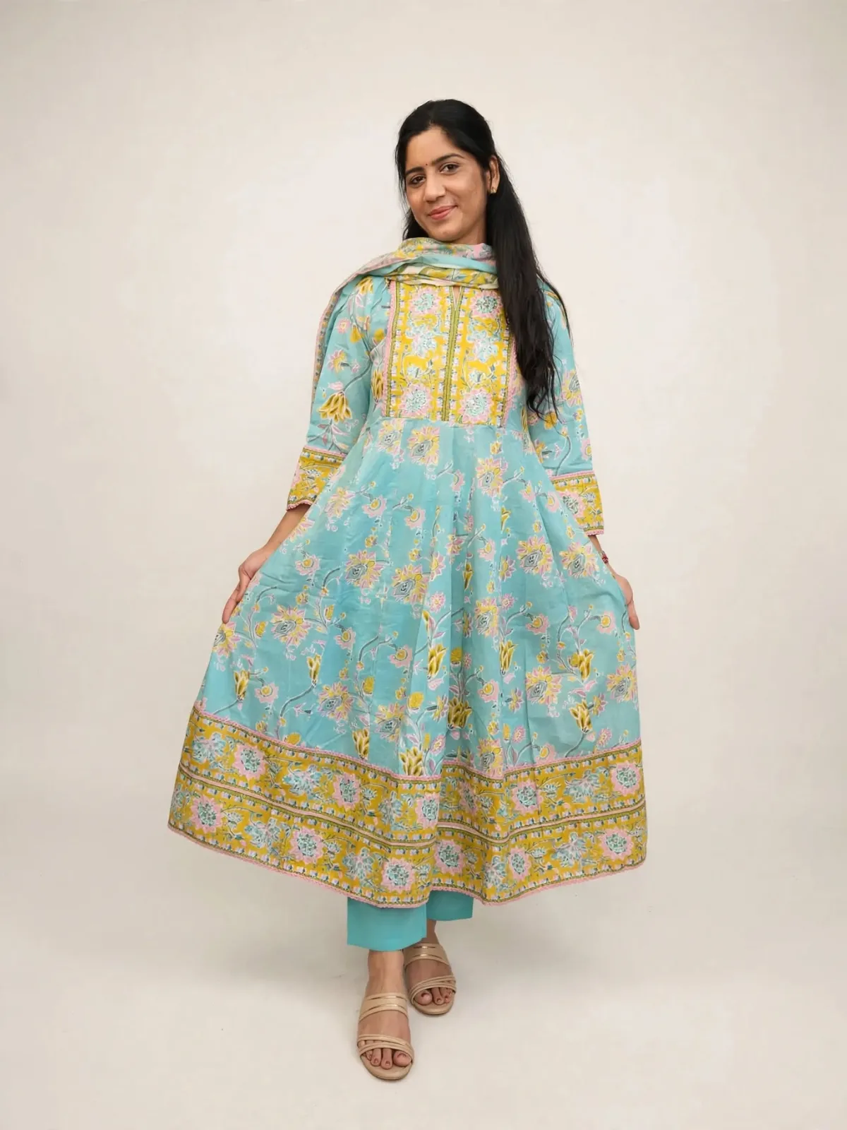 Elegant Turquoise Cotton Anarkali Kurti Set with Dupatta - image 1