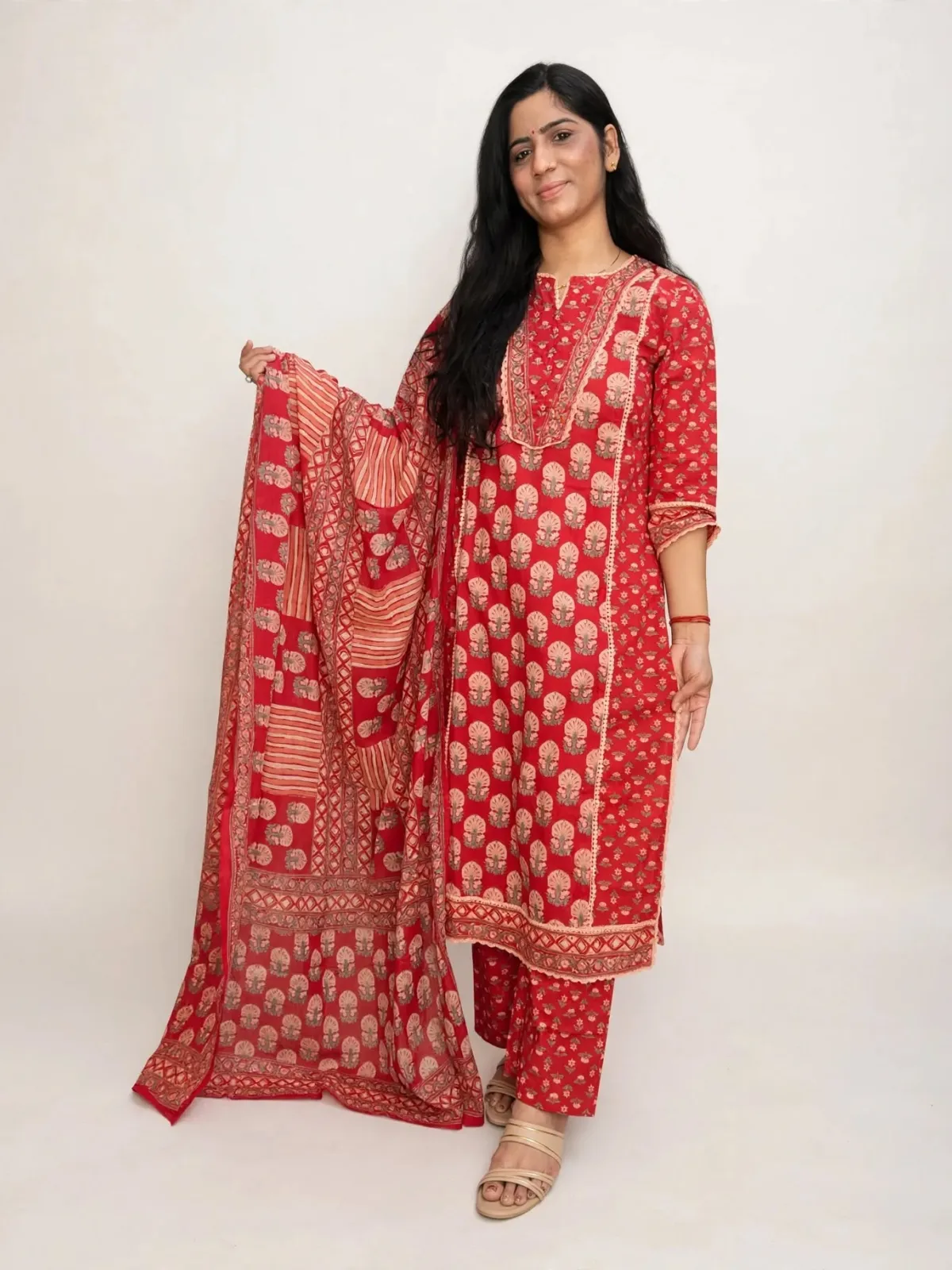 Elegant Red Cotton Straight Kurti Set with Lace & Embroidery - image 4