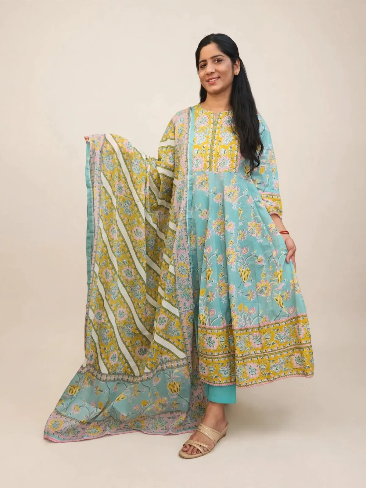Elegant Turquoise Cotton Anarkali Kurti Set with Dupatta - image 2