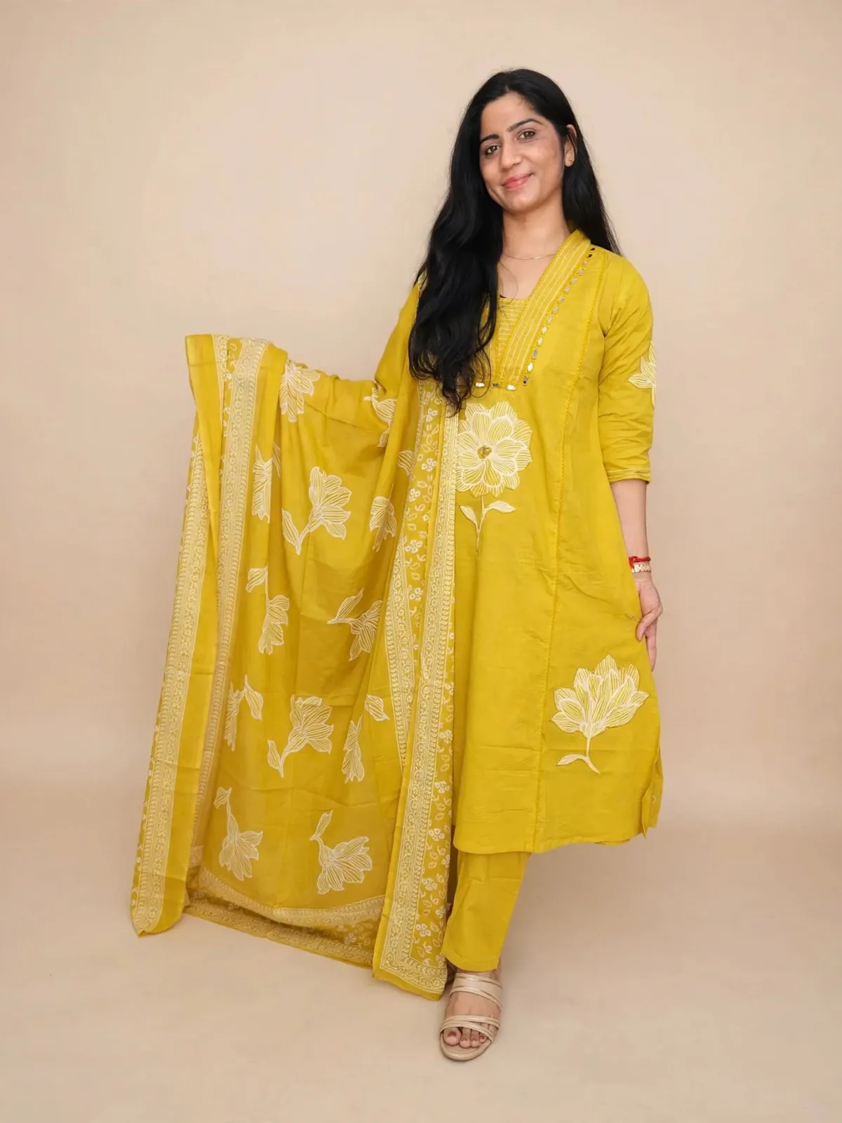 Mustard Cotton Straight Kurti Set with Applique & Mirror Work - image 3