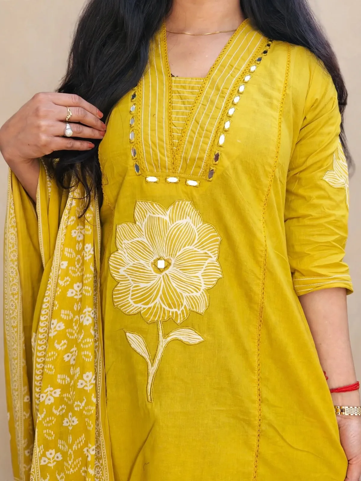 Mustard Cotton Straight Kurti Set with Applique & Mirror Work - image 4