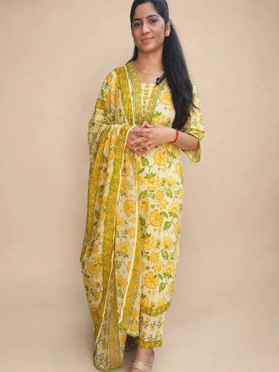 Elegant Yellow–Green Cotton Straight Kurti Set with Dupatta