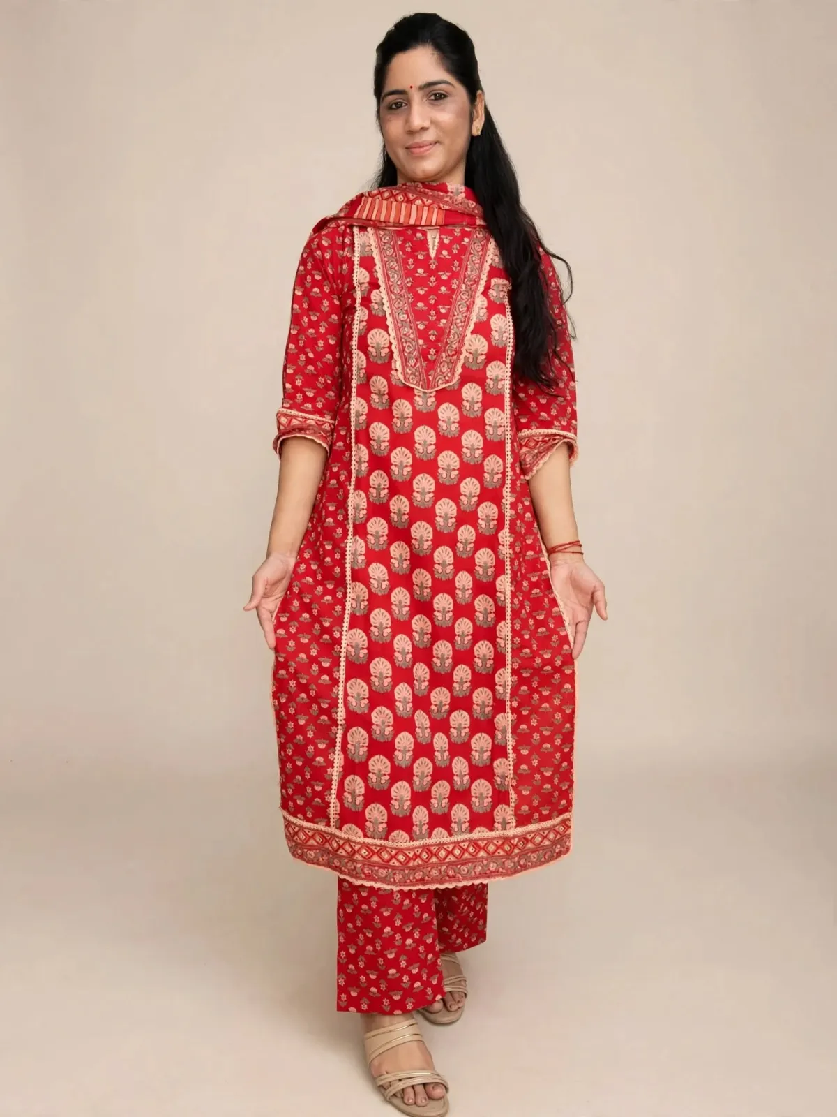 Elegant Red Cotton Straight Kurti Set with Lace & Embroidery - image 1