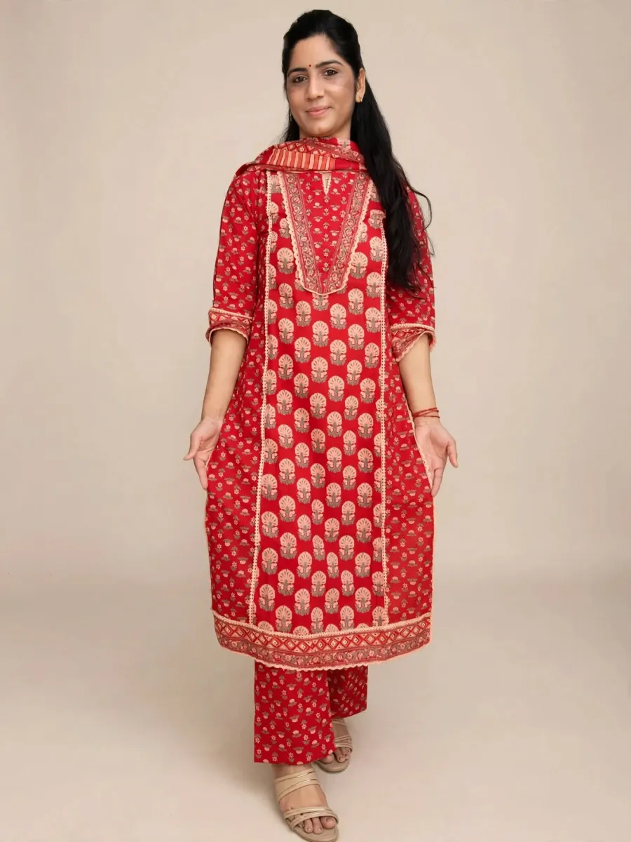 Elegant Red Cotton Straight Kurti Set with Lace & Embroidery