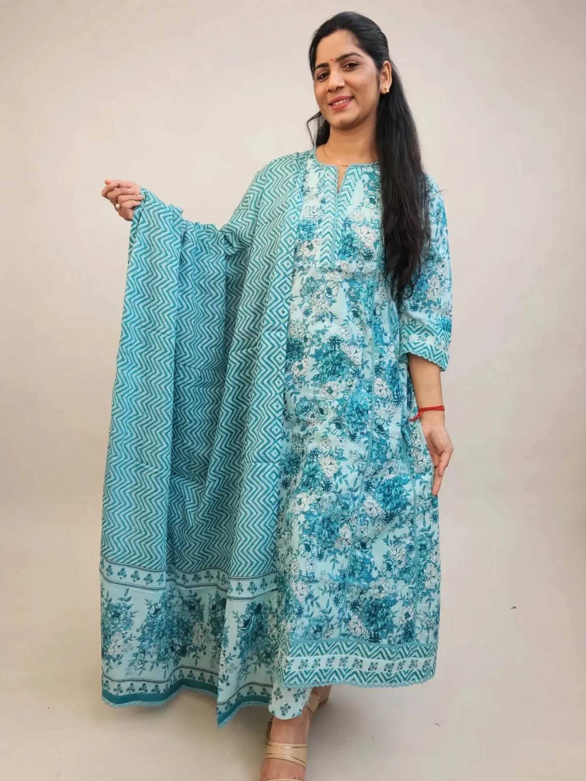 Ocean Mist Cotton A-Line Kurti Set with Dupatta - image 3