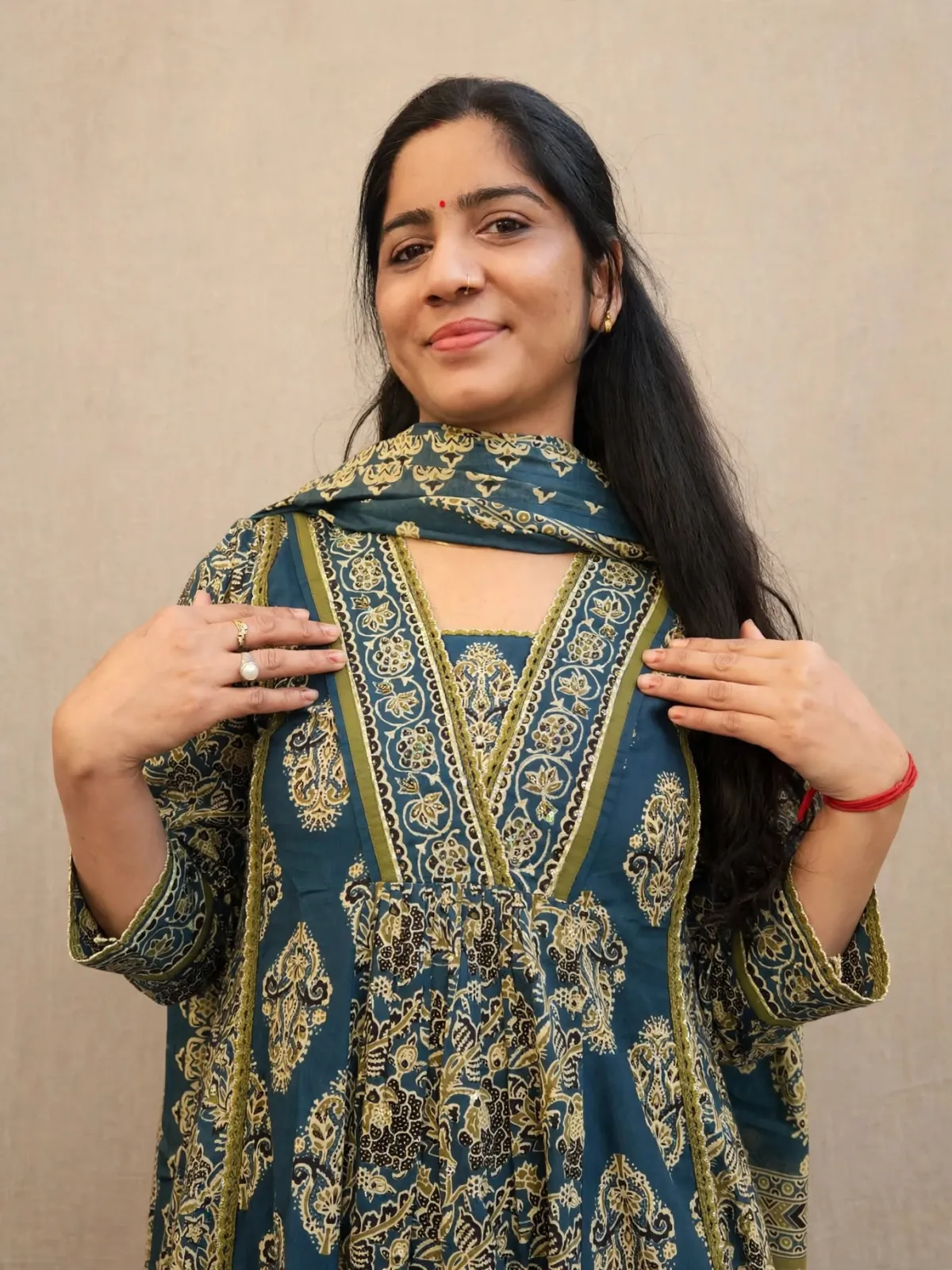 Elegant Dark Teal Cotton Anarkali Kurti Set with Dupatta - image 6
