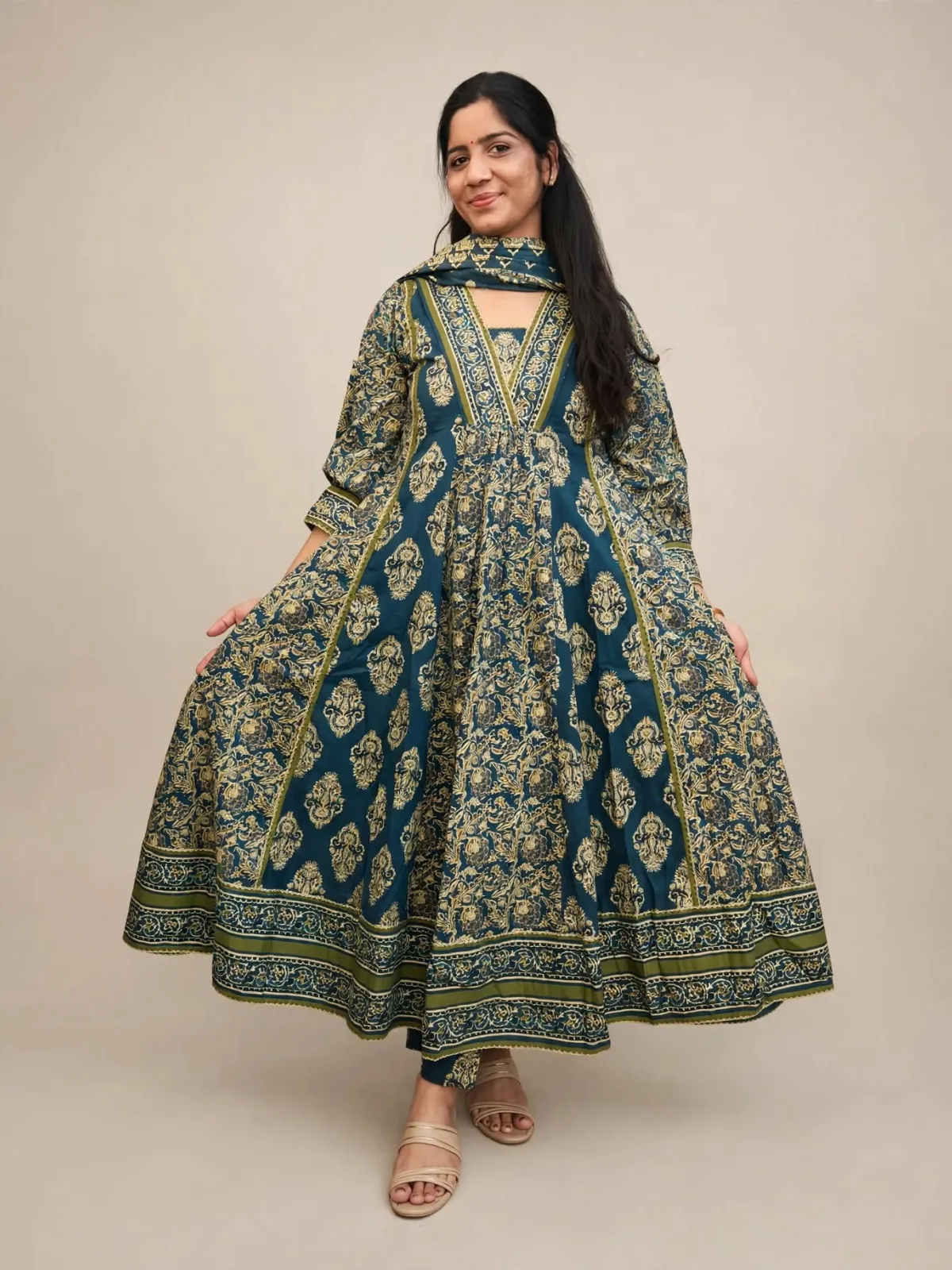 Elegant Dark Teal Cotton Anarkali Kurti Set with Dupatta - image 5