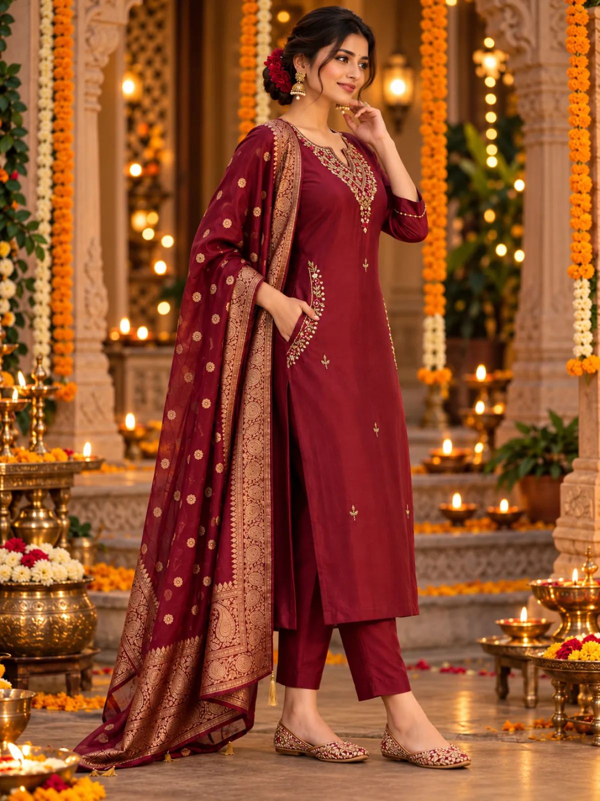 Maroon Soft Silk Gold Zardozi Kurta Pant Dupatta Set with Pocket Work - image 2