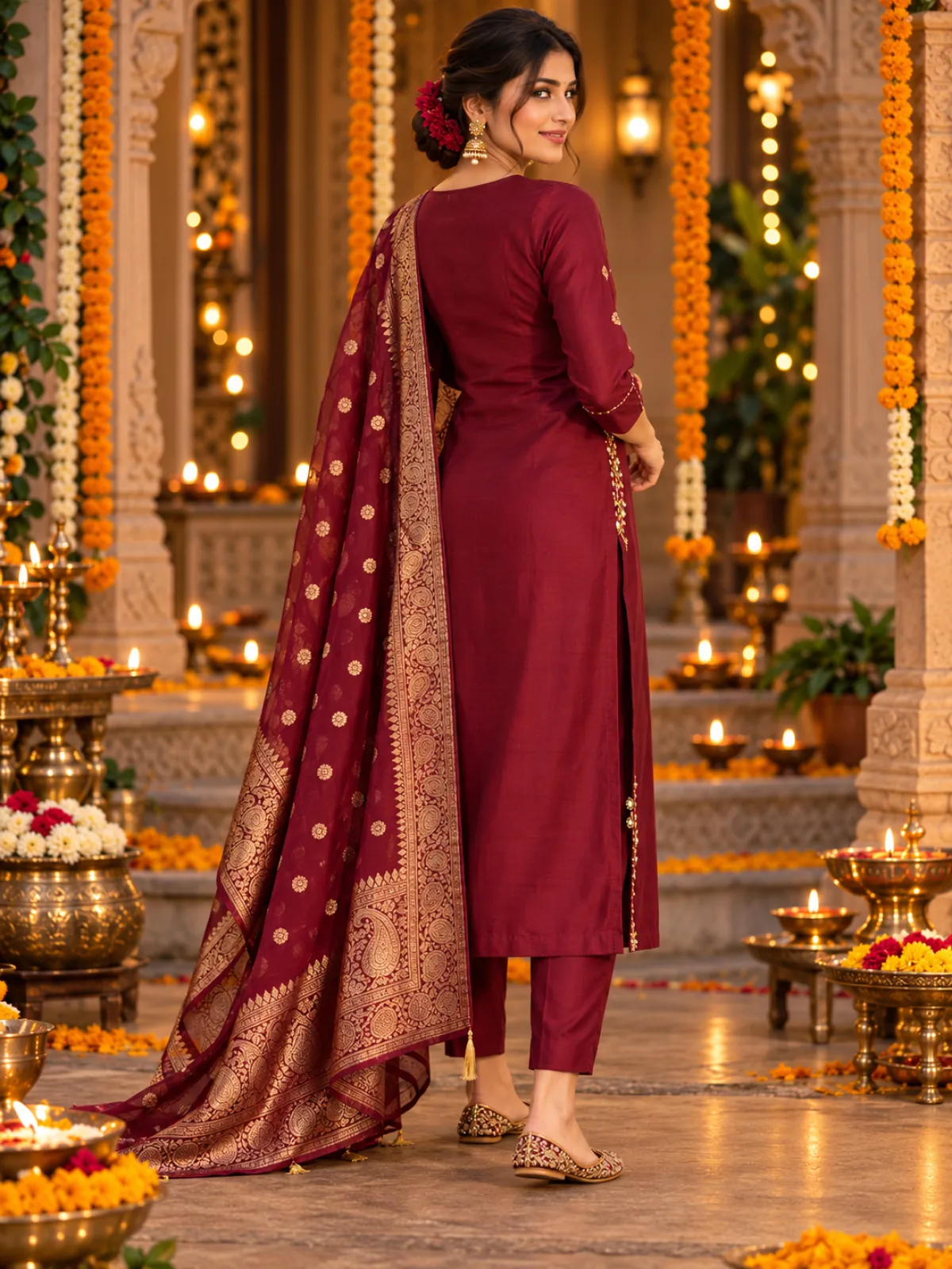 Maroon Soft Silk Gold Zardozi Kurta Pant Dupatta Set with Pocket Work - image 3