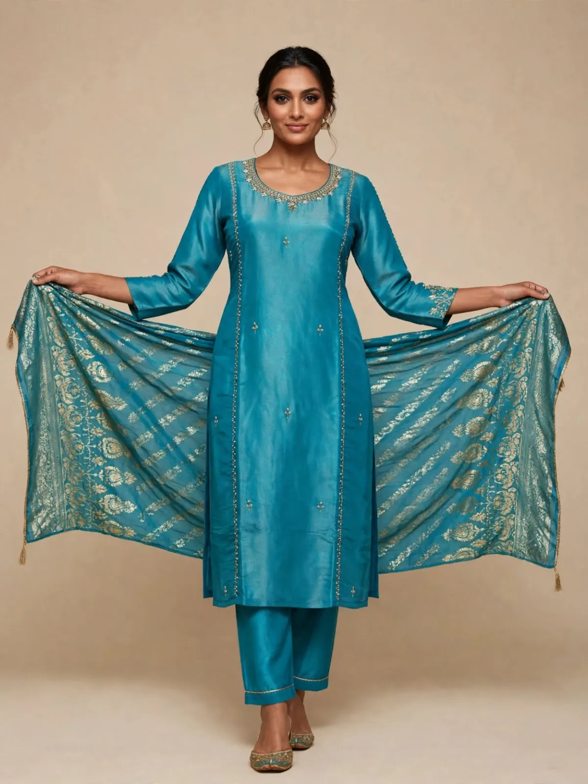 Ocean Teal Shimmer Silk Embroidered Straight Kurta Pant Dupatta Set with Scalloped Border - image 3