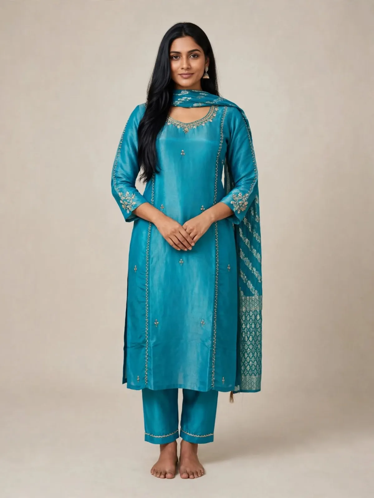 Ocean Teal Shimmer Silk Embroidered Straight Kurta Pant Dupatta Set with Scalloped Border - image 2