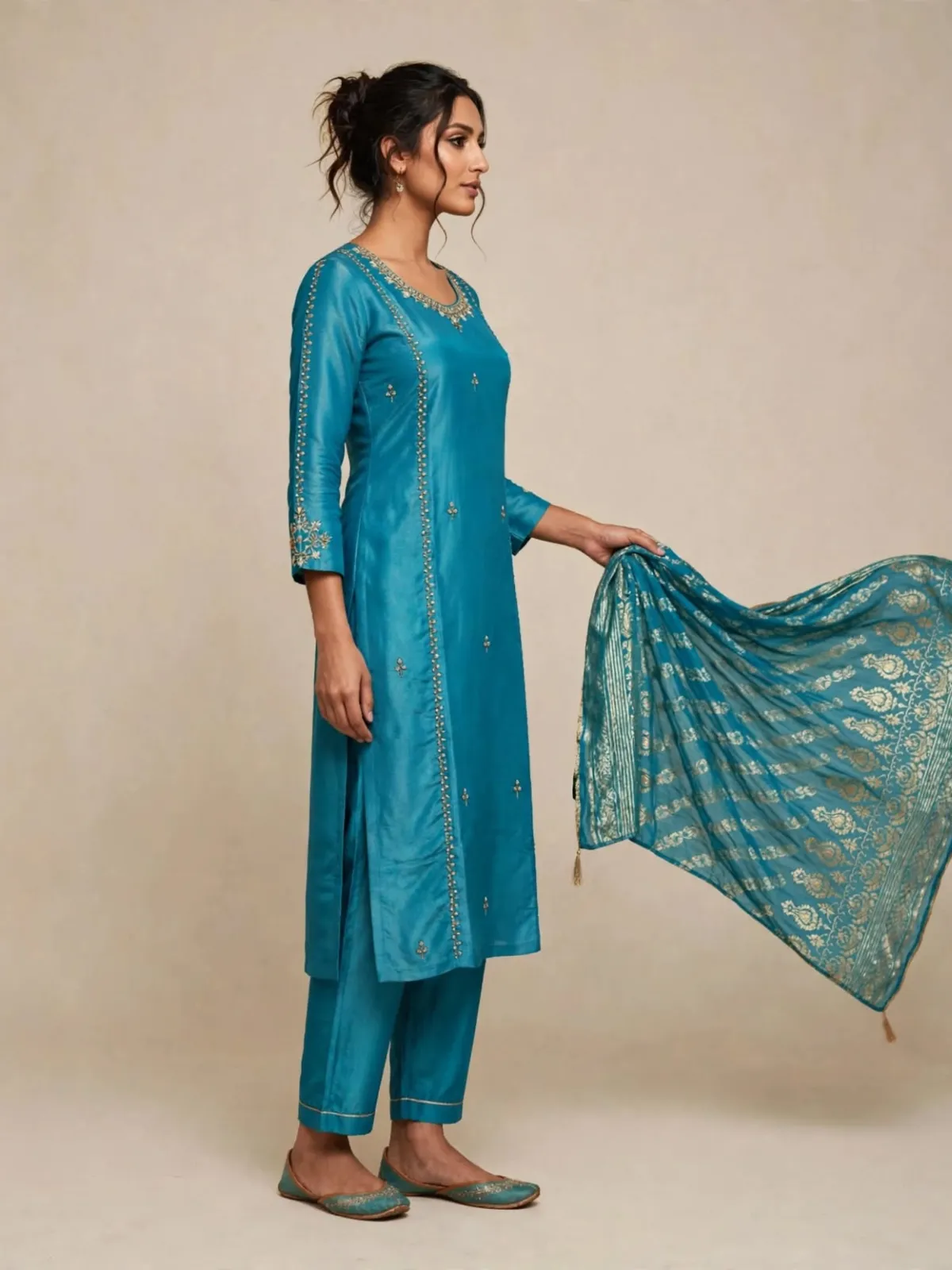 Ocean Teal Shimmer Silk Embroidered Straight Kurta Pant Dupatta Set with Scalloped Border - image 1