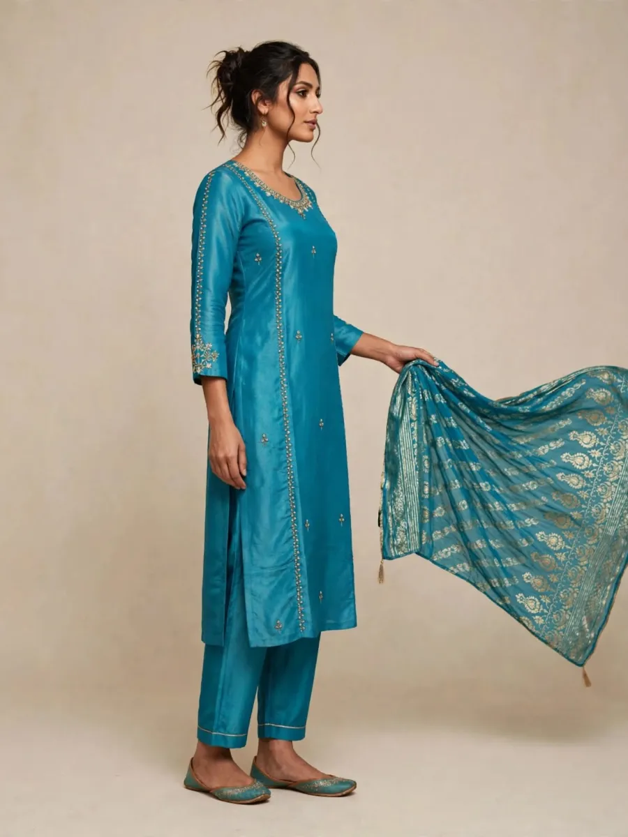 Ocean Teal Shimmer Silk Embroidered Straight Kurta Pant Dupatta Set with Scalloped Border