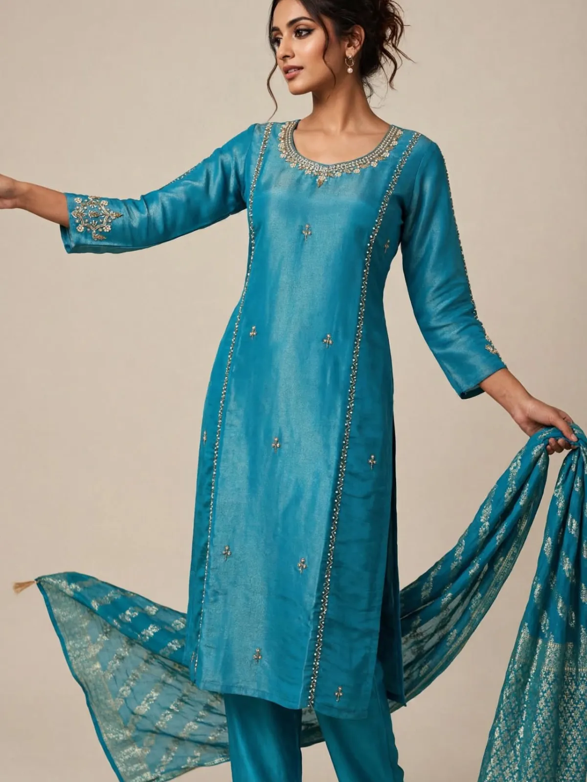 Ocean Teal Shimmer Silk Embroidered Straight Kurta Pant Dupatta Set with Scalloped Border - image 5